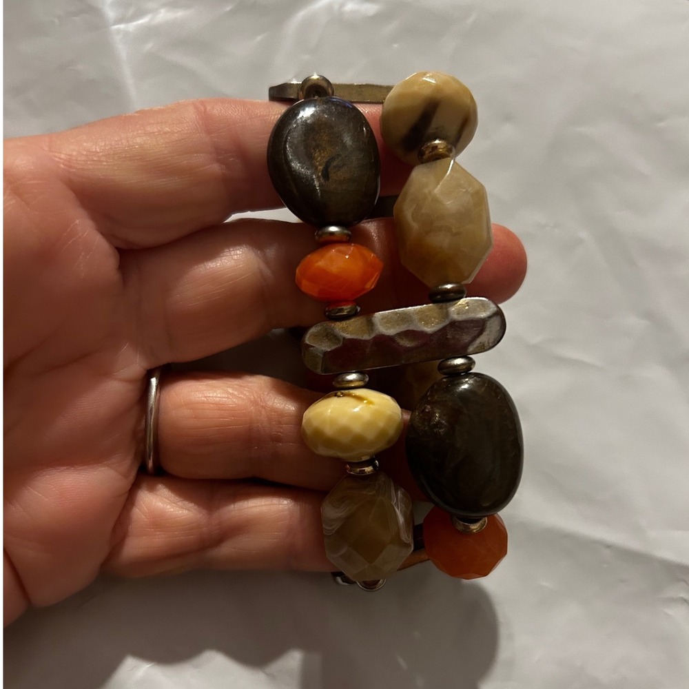 Chunky Earth Tone Stretch Bracelet Orange Brown Faceted Bead Two Rows Boho VTG
